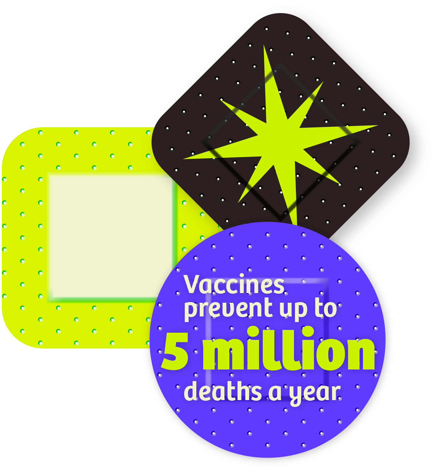 Campaign graphics highlighting vaccine safety testing and global impact.