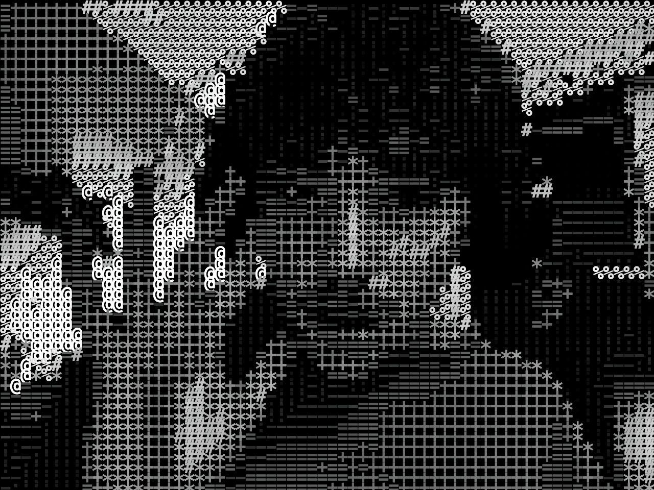 Black and white typographic portrait built from crosses, circles, and hash marks.