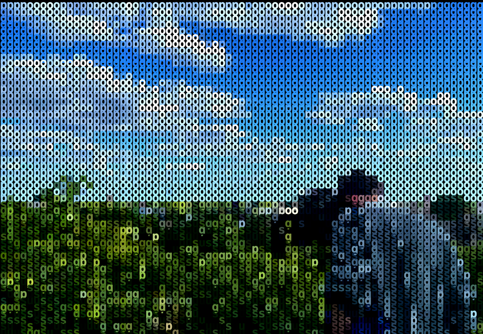 Blue typographic outdoor scene showing a figure against sky, landscape, and water.