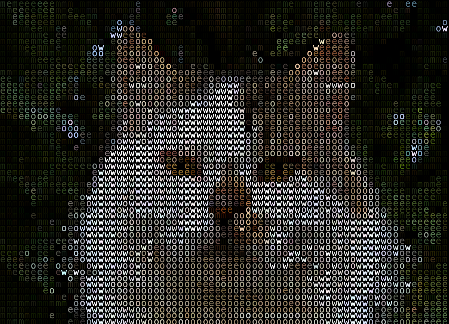Green typographic portrait formed from repeated e, o, and w glyphs.