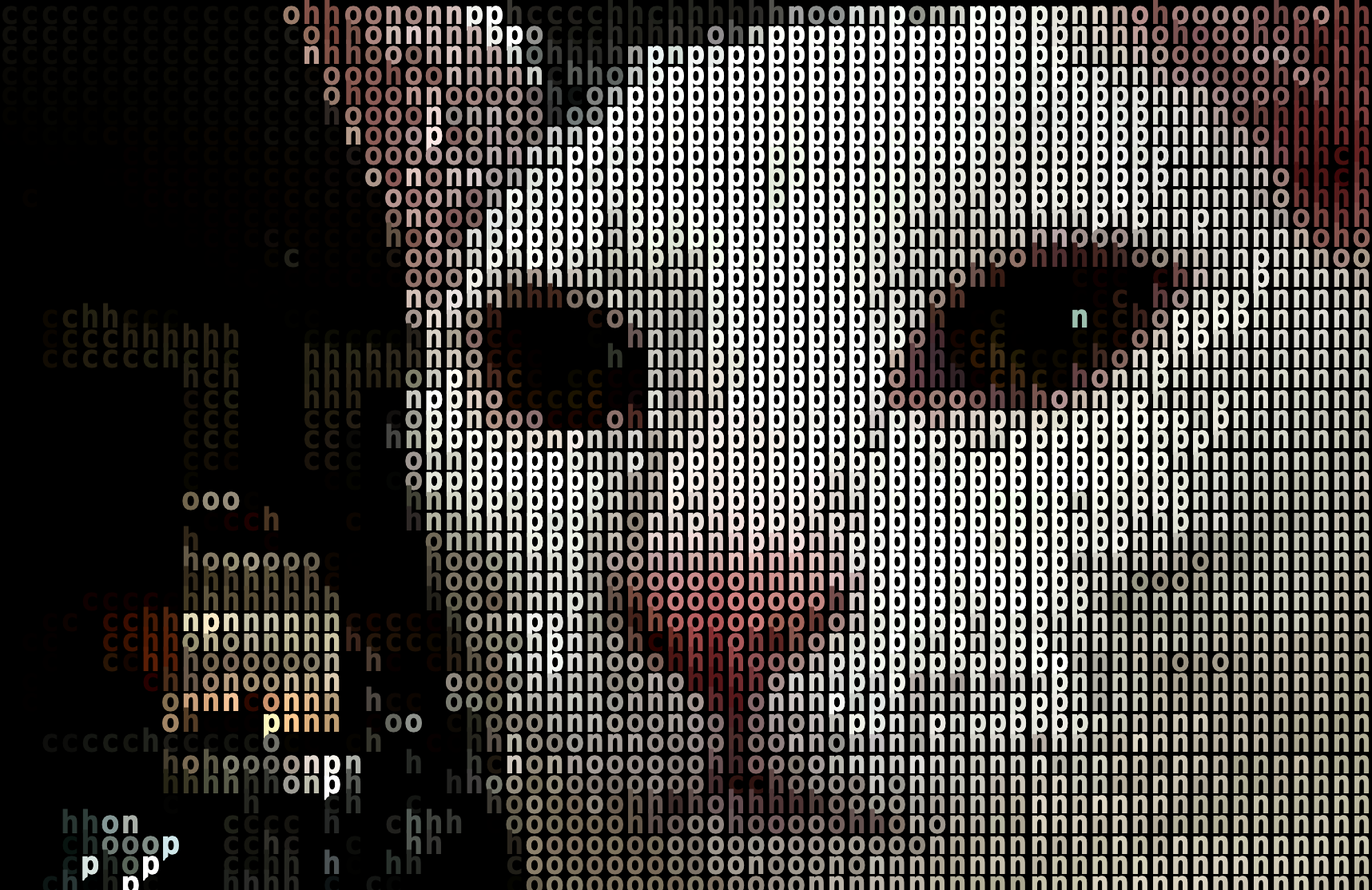 Typographic portrait export with a dense ASCII-like glyph field.